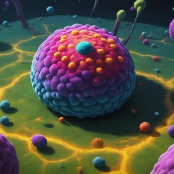 A large colorful cell in a microscopic world