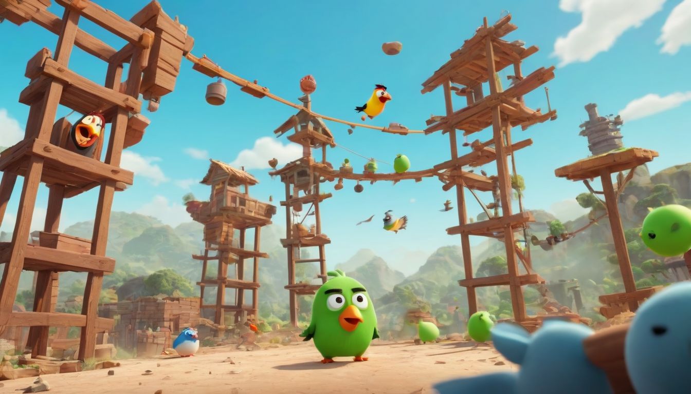 Angry cartoon birds being launched from a slingshot towards structures with green pigs peeking out.