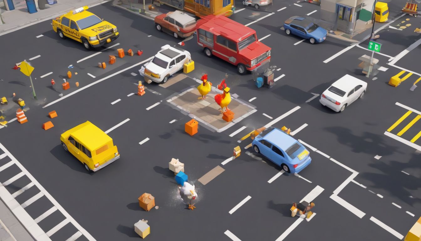 A blocky chicken attempting to cross a busy road filled with cars