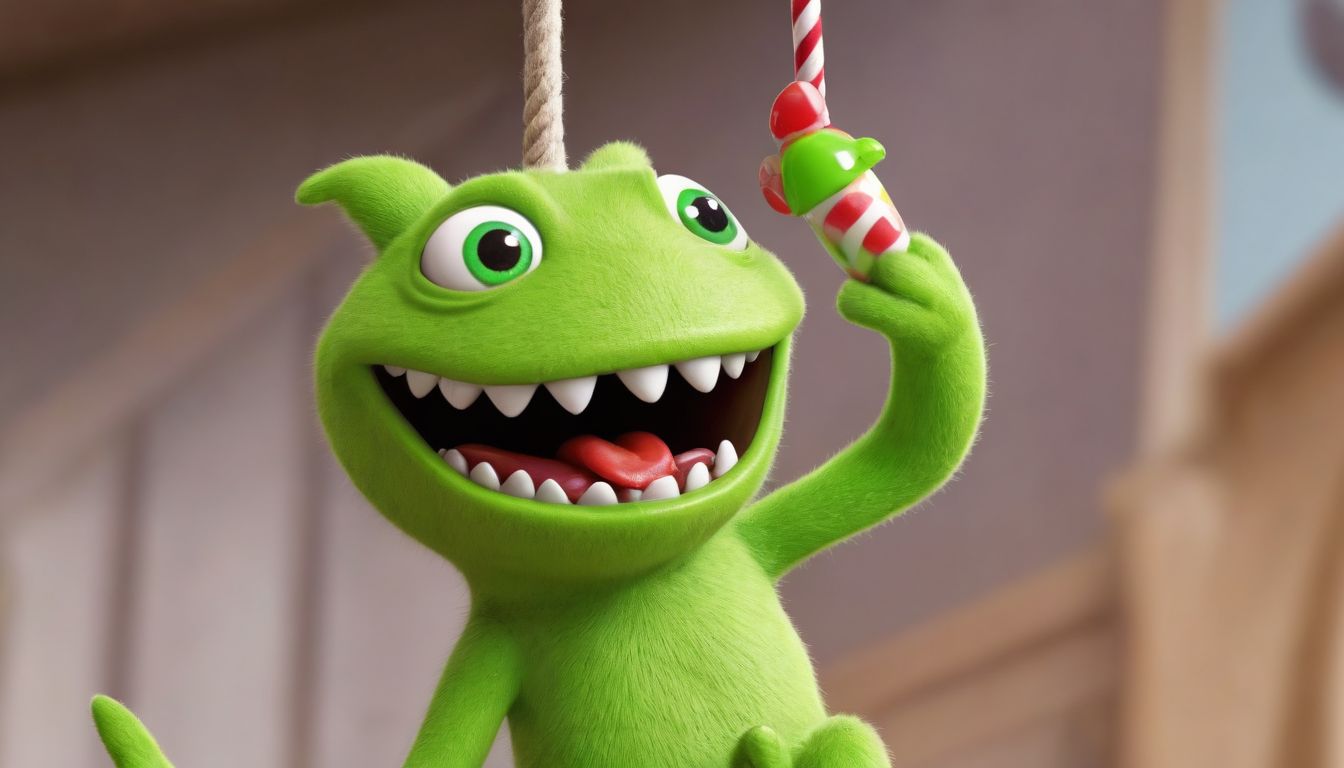 A cute green creature eagerly waiting below as a piece of candy dangles from a rope ready to be cut.