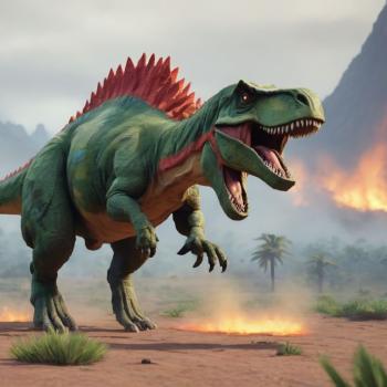 A pixelated dinosaur sprinting through a prehistoric landscape