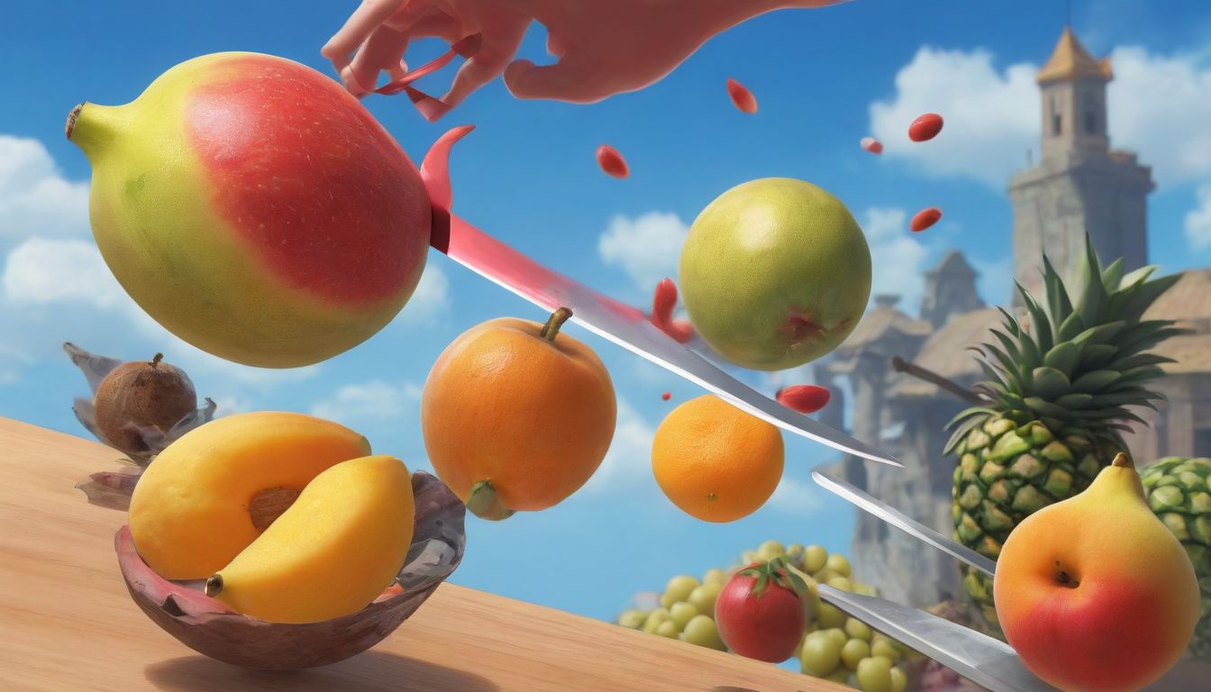 Colorful fruits being sliced mid-air with a sharp sword