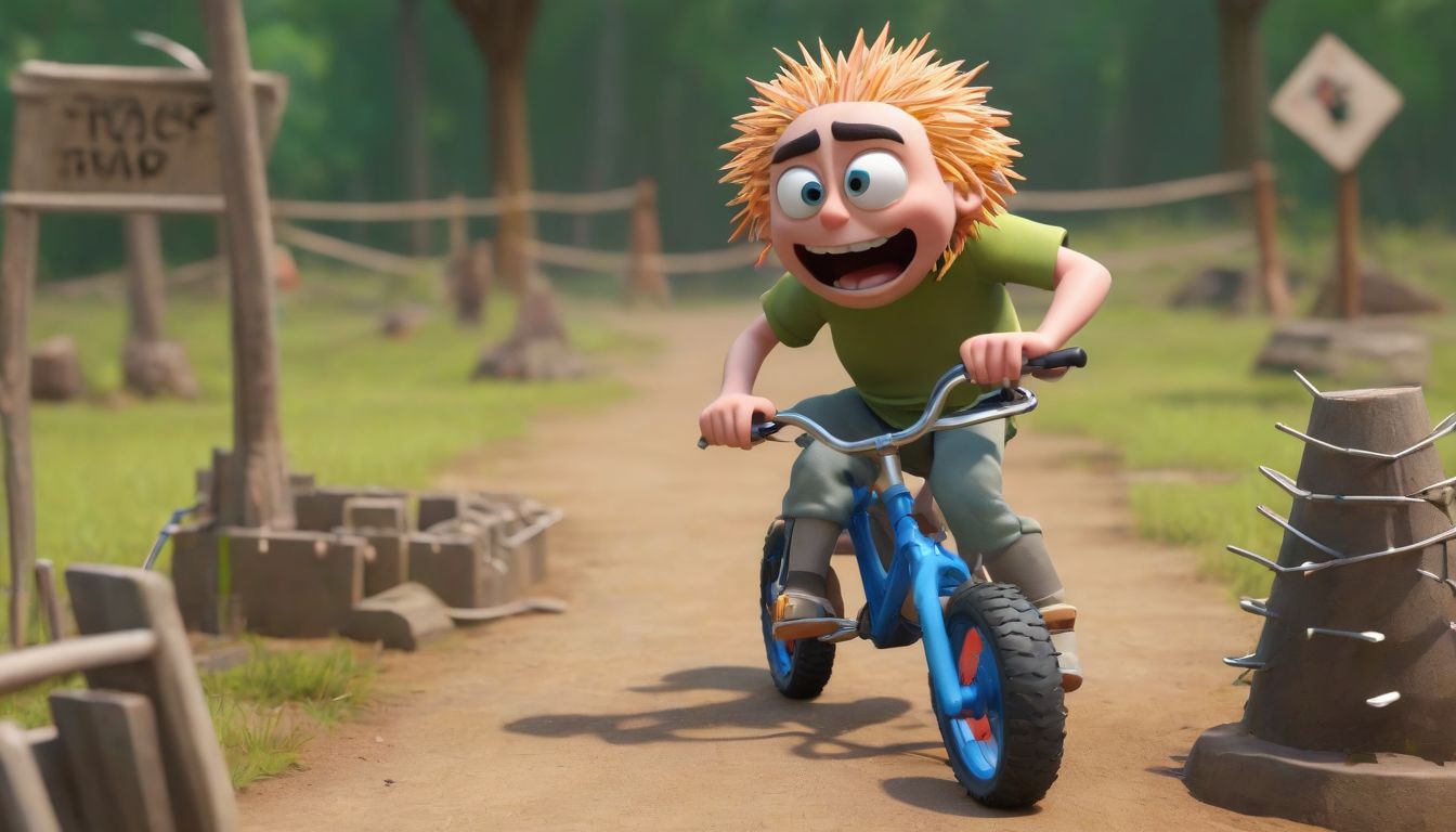 A cartoon character on a bicycle navigating through a hazardous obstacle course with spikes and traps.