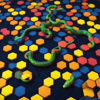 A vibrant snake moving across a hexagonal grid