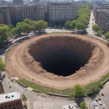 A giant hole moving through a bustling cityscape