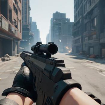 A pixelated first-person view of a shooter holding a futuristic gun in a blocky