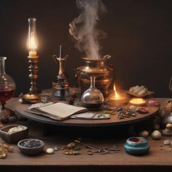 An alchemist’s table with various elements being magically combined to form new