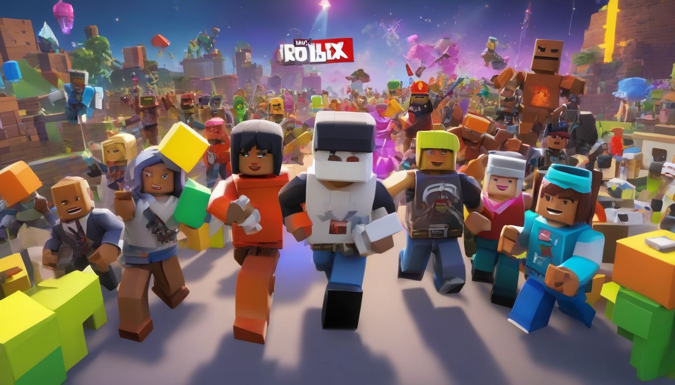 A diverse collection of Roblox characters engaging in different activities in a vibrant
