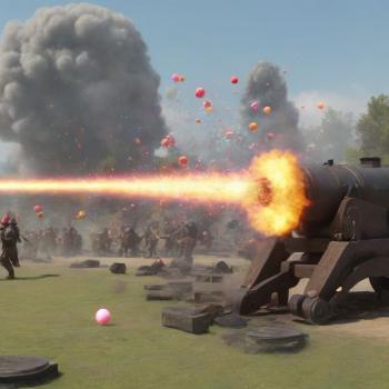 A cannon shooting colored bubbles towards a cluster of others