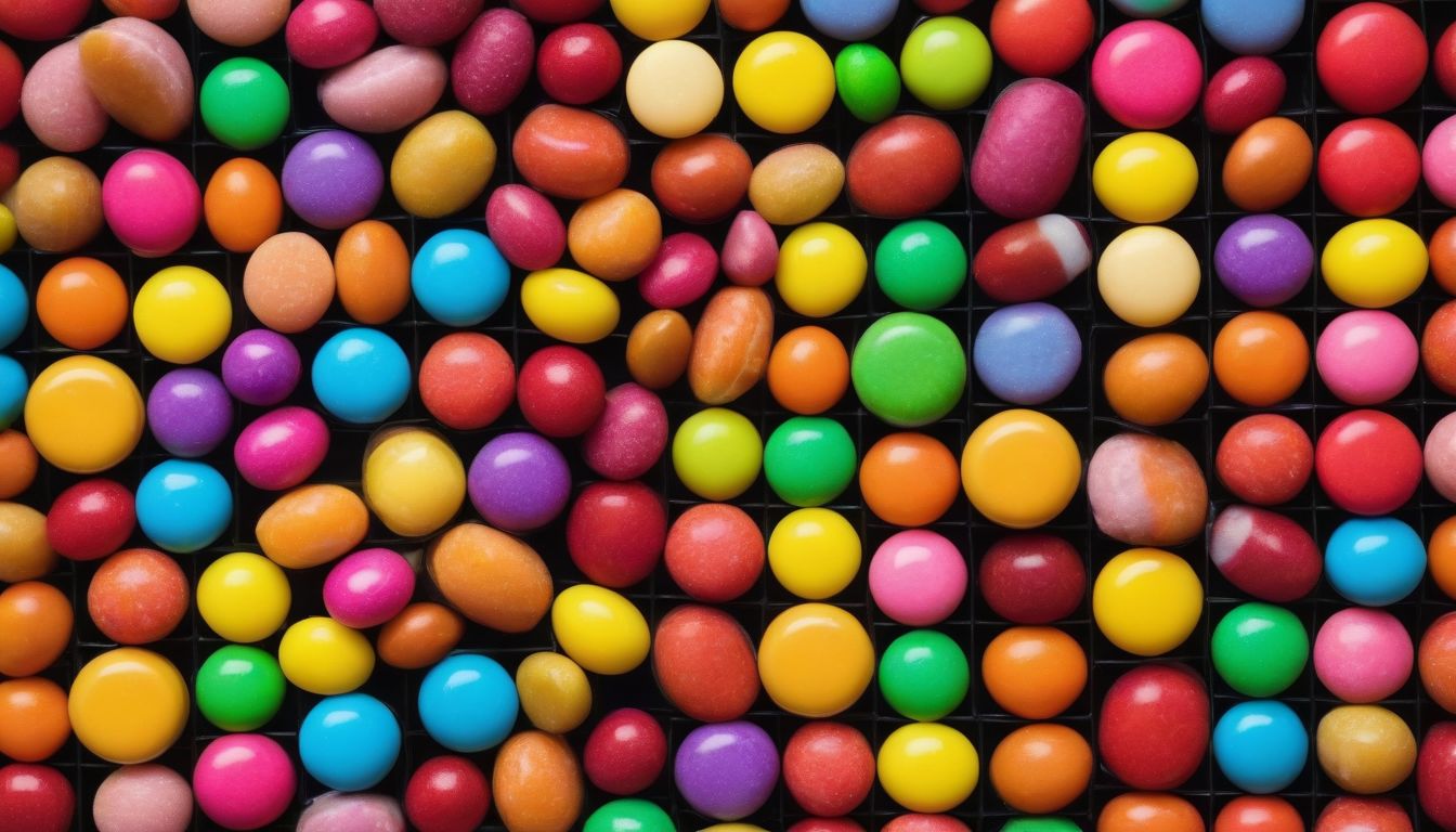 A bright and colorful grid of assorted candies
