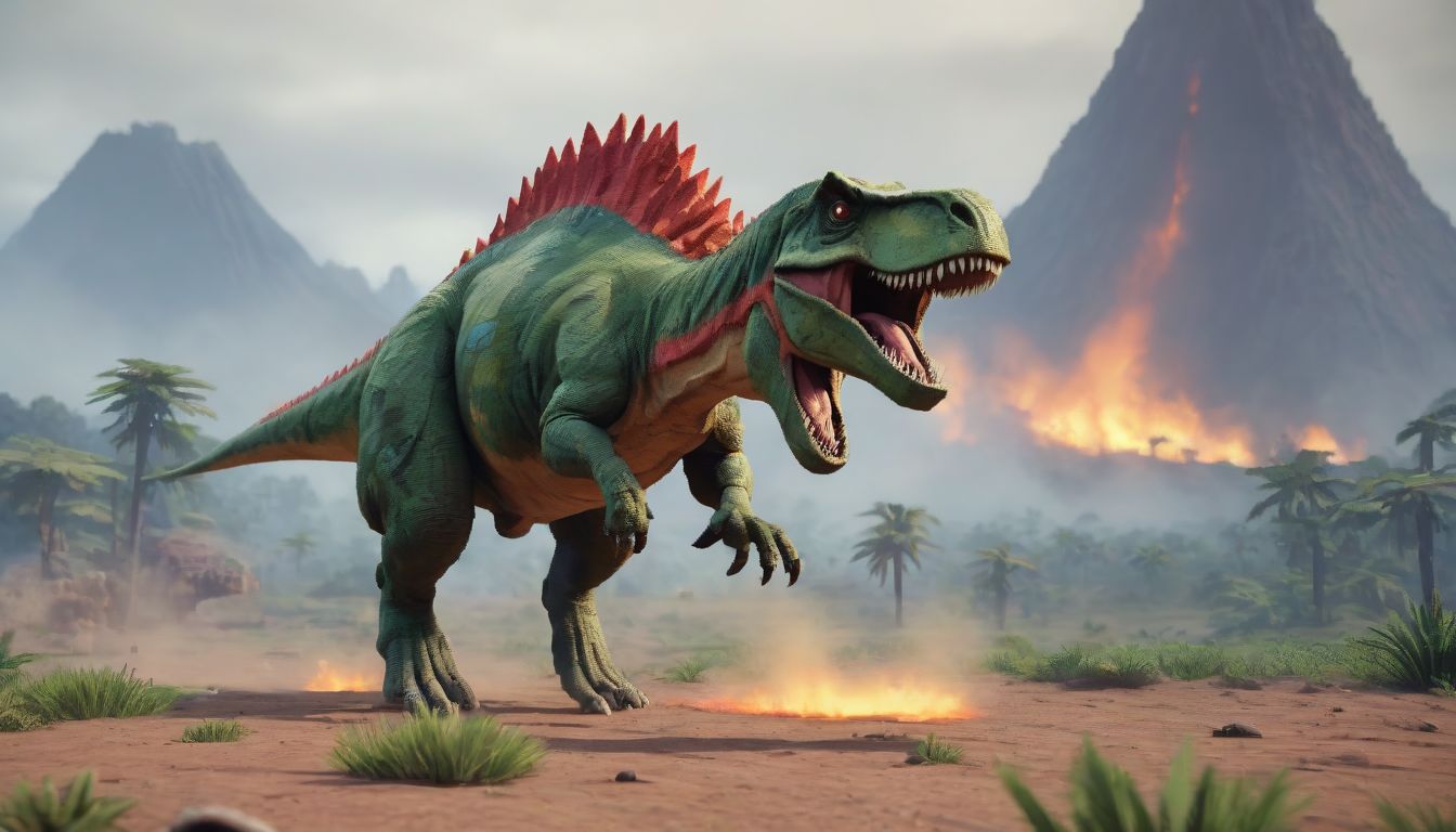 A pixelated dinosaur sprinting through a prehistoric landscape