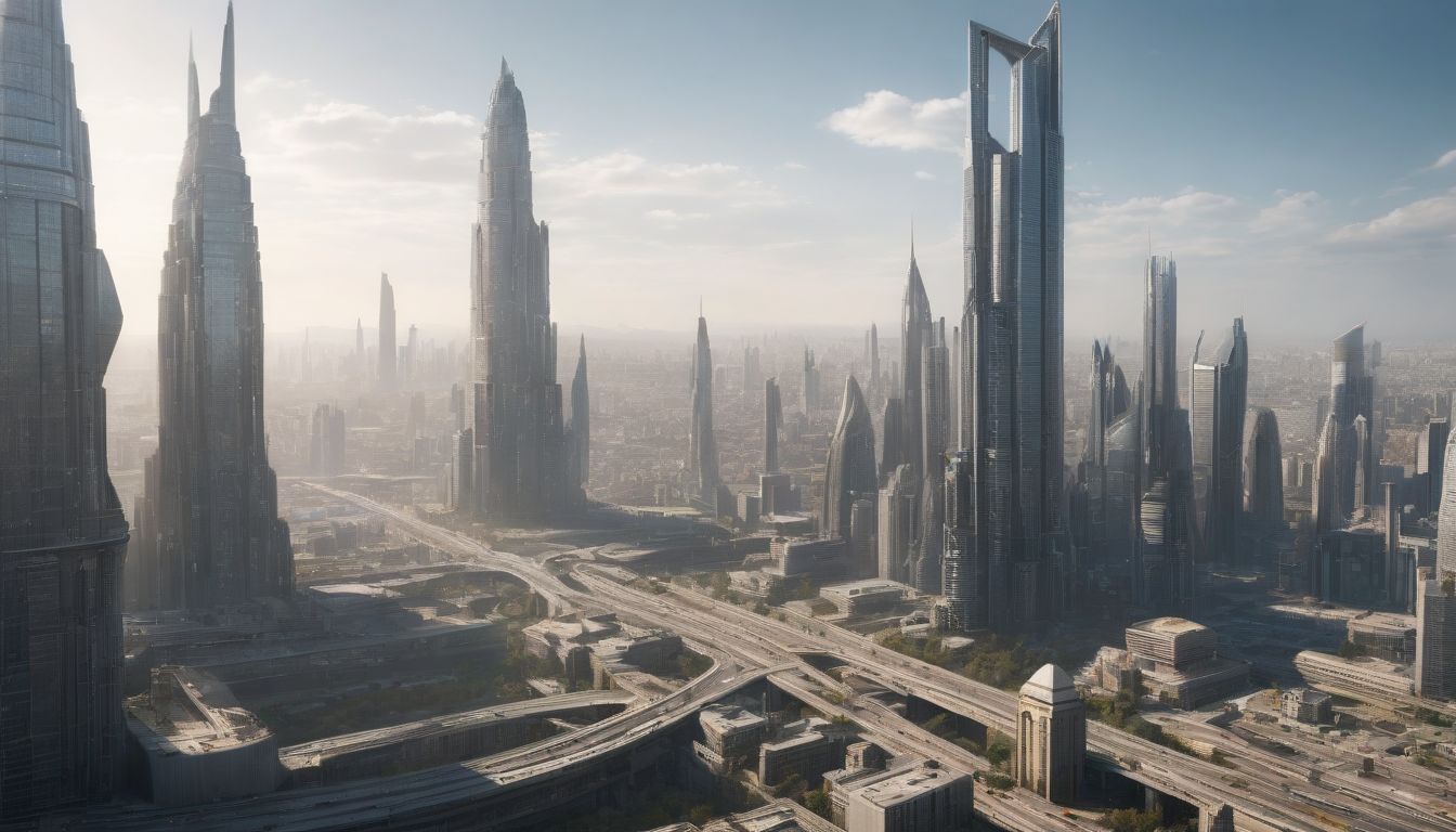 A sprawling cityscape evolving from ancient structures to modern skyscrapers and futuristic buildings.