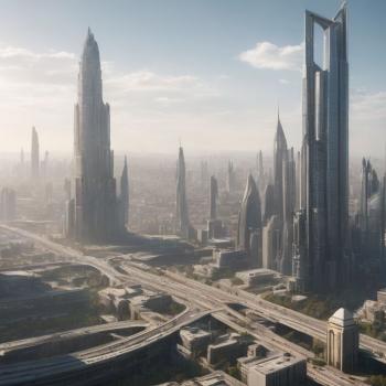 A sprawling cityscape evolving from ancient structures to modern skyscrapers and futuristic buildings.