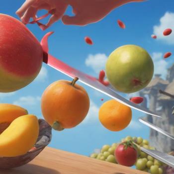 Colorful fruits being sliced mid-air with a sharp sword