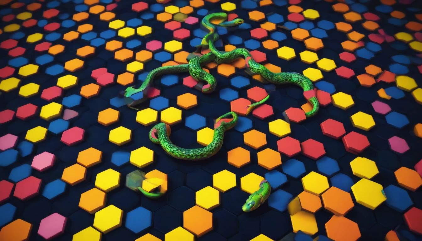 A vibrant snake moving across a hexagonal grid