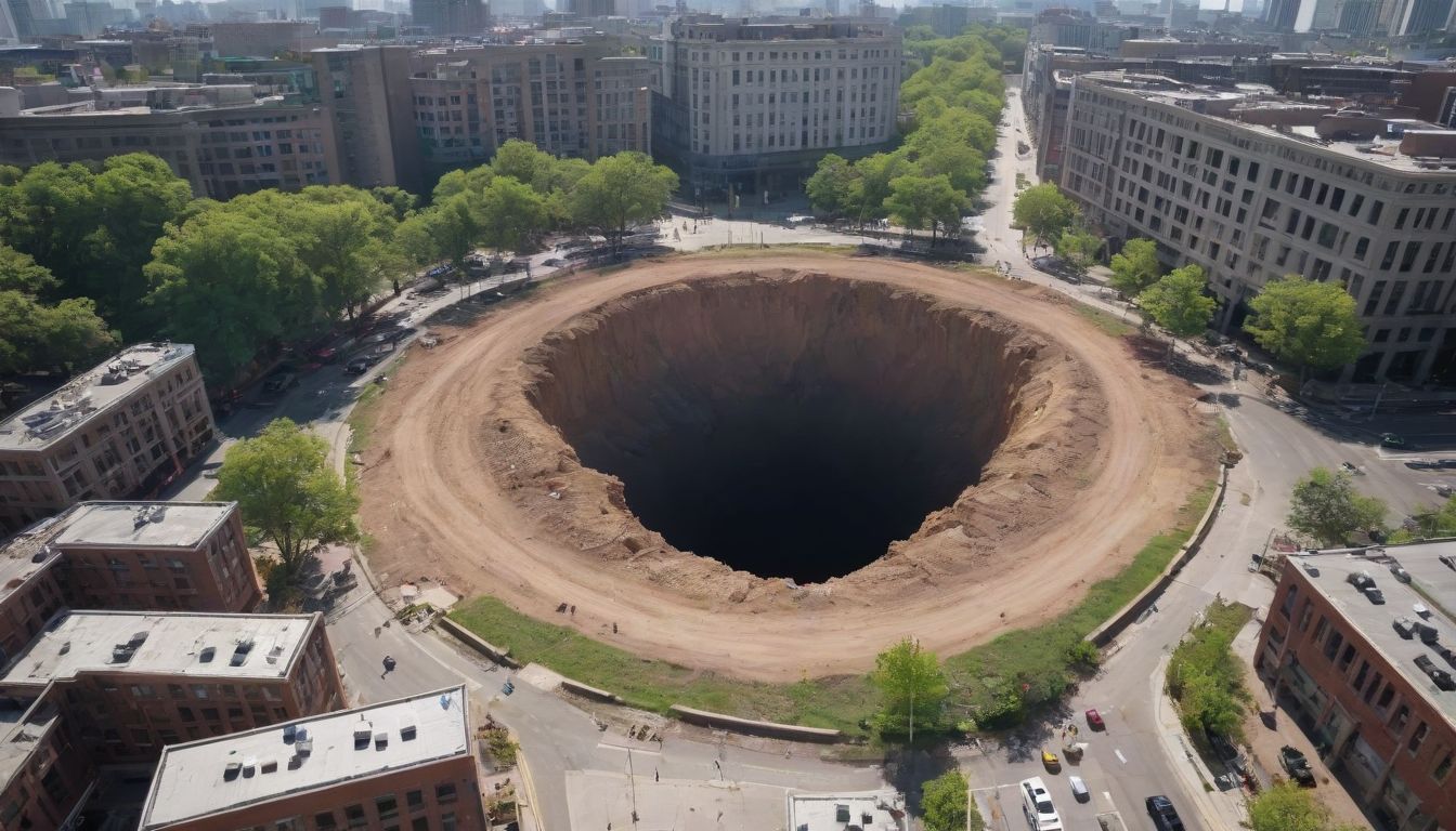 A giant hole moving through a bustling cityscape