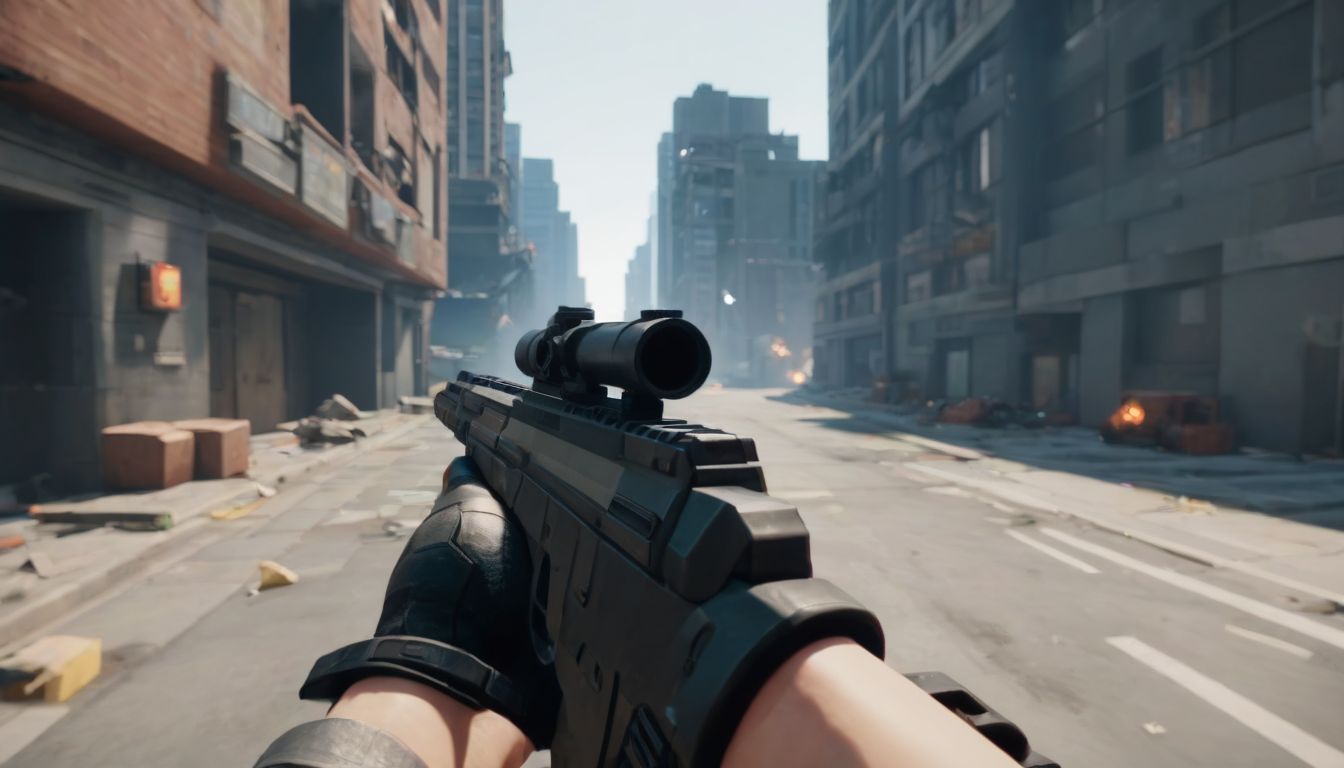 A pixelated first-person view of a shooter holding a futuristic gun in a blocky
