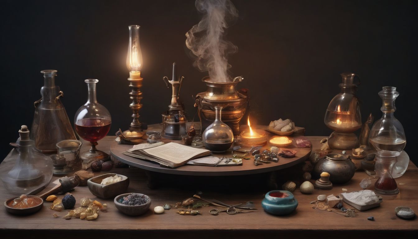 An alchemist’s table with various elements being magically combined to form new