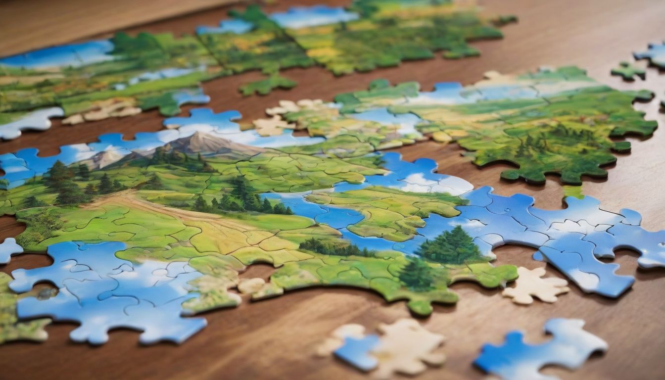 An assortment of jigsaw puzzle pieces spread out