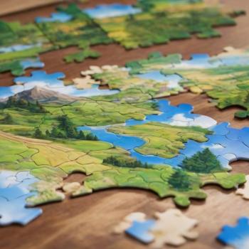 An assortment of jigsaw puzzle pieces spread out
